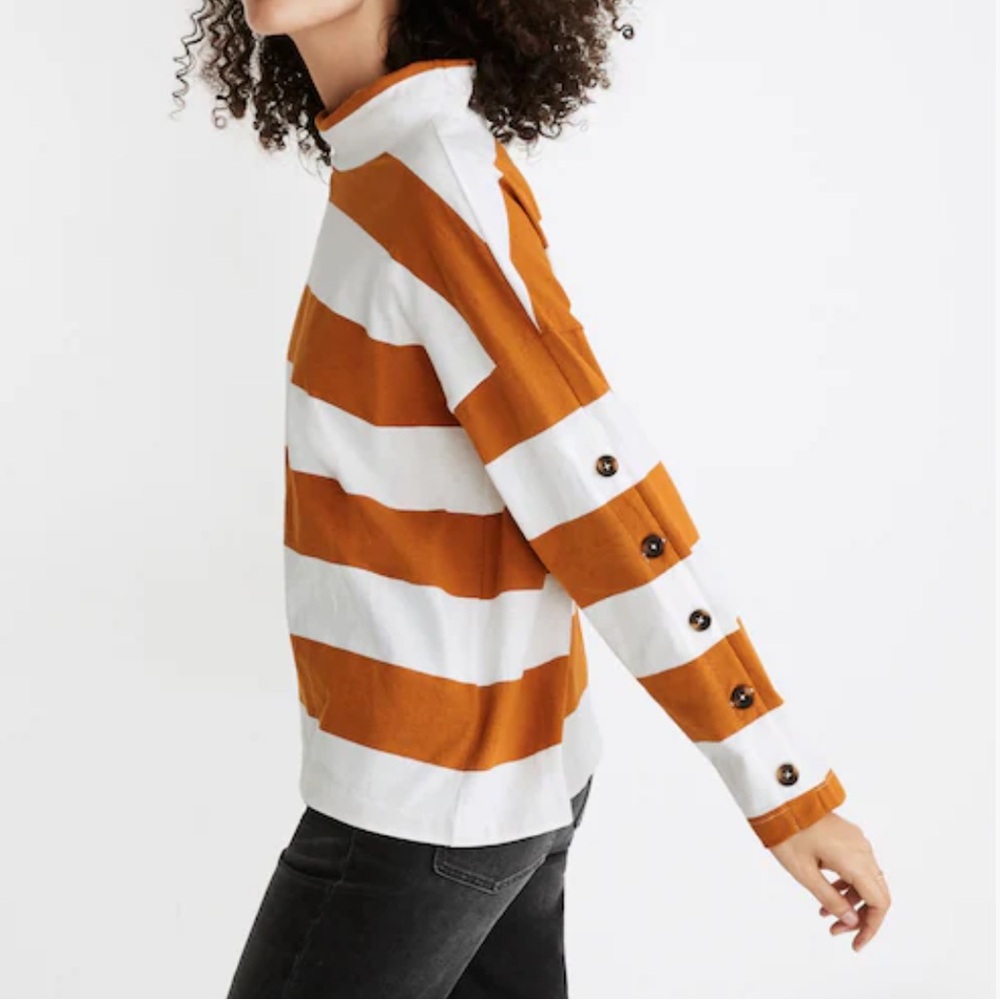 Madewell Striped Button-Sleeve Turtleneck Top in Rich Amber